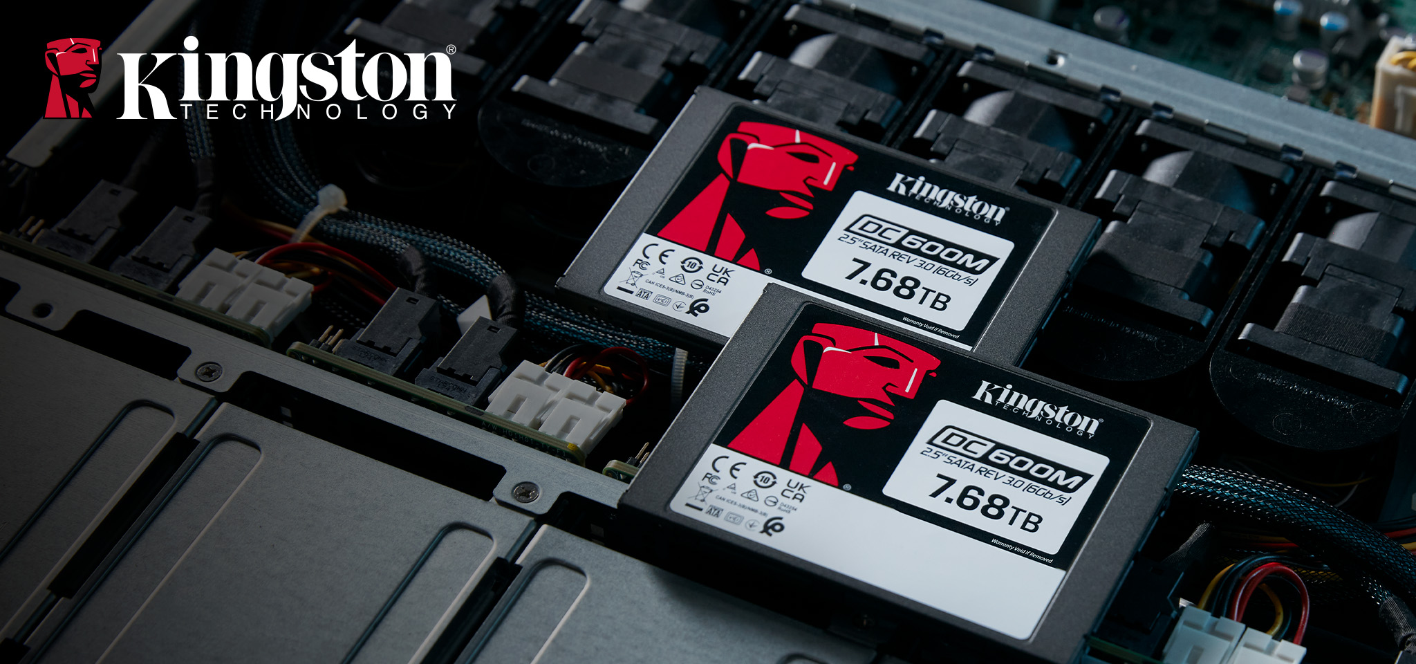 A quantity of two  Kingston DC600M 2.5” Enterprise SSD sit inside a server