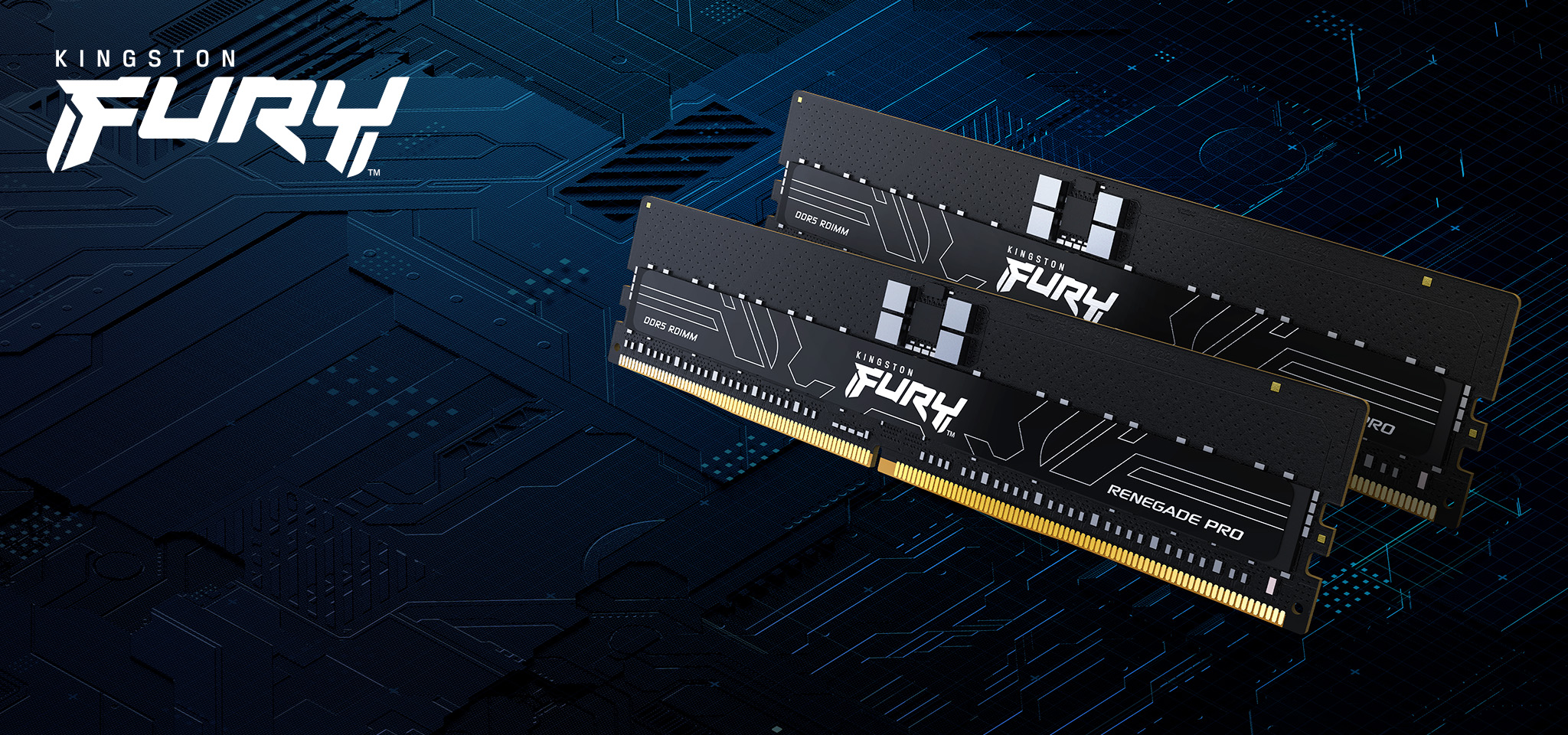 Two Kingston FURY Renegade Pro DDR5 RDIMM memory modules sit against a black BCB graphic.