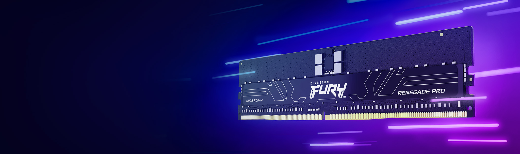 A Kingston FURY Renegade Pro DDR5 RDIMM moving fast on a dynamic background.