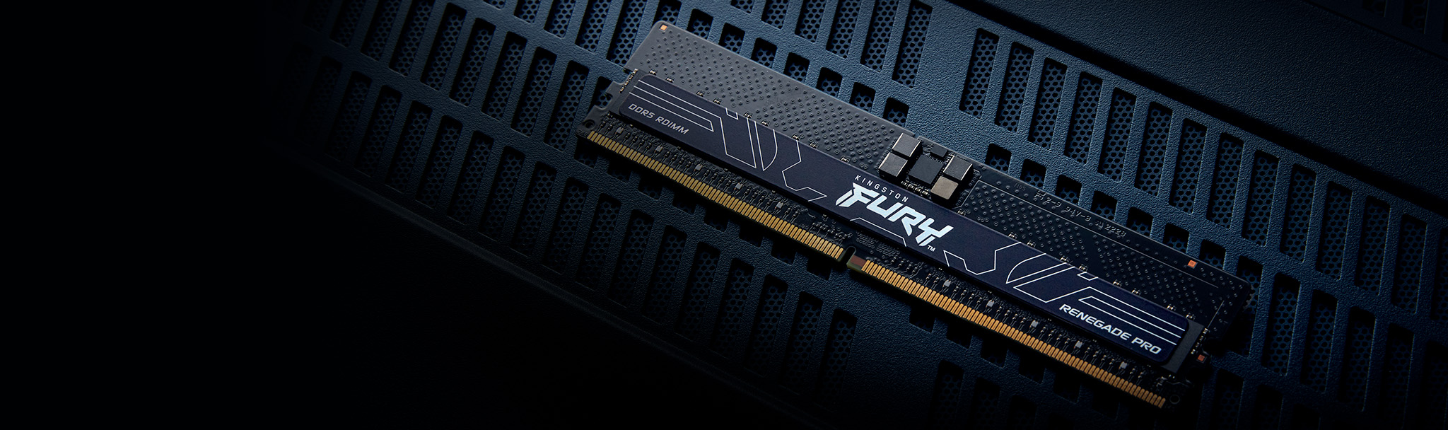 A depiction of a Kingston FURY Renegade Pro DDR5 RDIMM module in a motherboard, with an AMD EXPO logo.