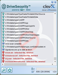 DriveSecurity Virusmeldung: Hier sehen Sie einige der infizierten Dateiarten, die von ClevX DriveSecurity entdeckt wurden.