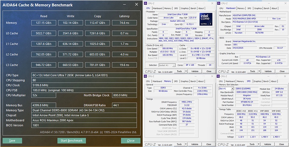 Tangkapan layar AIDA64 Cache and Memori Benchmark dan CPU-Z Benchmark untuk DDR5-8800 CL46 pada Gear 2
