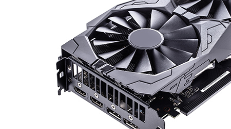 Close up of a video graphics card with a powerful GPU containing multiple fans
