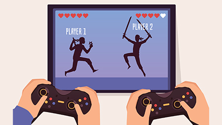 Two people hold game controllers and compete in a fighting game on a monitor. Both player’s avatars are silhouetted and wield swords or ninja stars. Player 1 has 5 out of 5 hearts to Player 2’s 4.