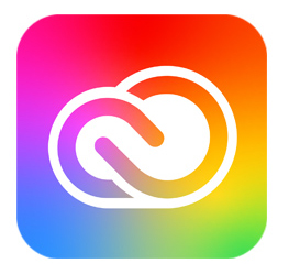 Adobe Creative Cloud 標誌是漸層彩虹色，中間有兩個字母 C形狀構成的鎖鏈圖案，周圍有白色的輪廓。