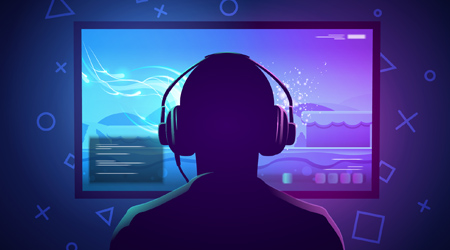 Siluet gamer PC memakai headphone dengan latar belakang monitor PC yang menampilkan permainan game