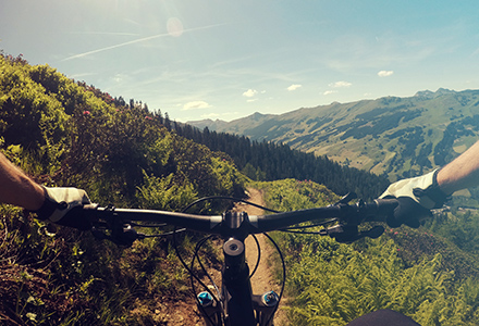 자전거 핸들 너머 언덕에 길이 있는 풍경