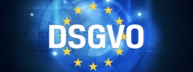 Ein DSGVO-Motiv mit EU-Sternen auf blauem digitalen Hintergrund, das Netzwerkverbindungen und Binärcode zeigt