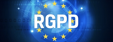 Concept du RGPD avec des étoiles représentant l’UE sur un fond numérique bleu représentant des connexions réseau et du code binaire