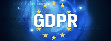 Concetto di GDPR con le stelle della bandiera UE su sfondo digitale blu, con connessioni di rete e codice binario