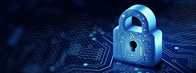 3D render of a padlock with circuit board patterns and surrounding binary code stream
