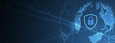 Ilustrasi jalur digital internet berwarna biru pada bola dunia dengan sebuah gembok dan perisai