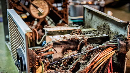 An open computer case on a workbench encrusted with thick layers of dirt and dust.