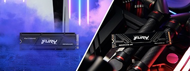 左側：PS5 前的 FURY Renegade 散熱版 SSD 固態硬碟；右側：安裝在電競電腦主機板的 FURY Renegade G5 SSD 固態硬碟