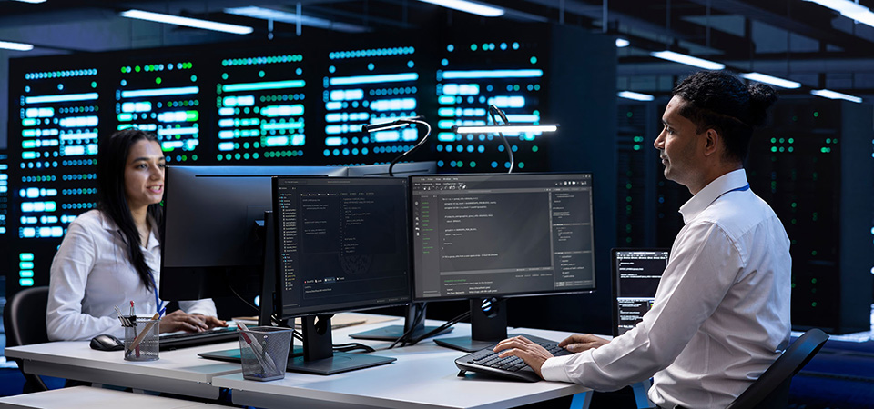 Two professionals in a data center sit at a desk and work on computers.