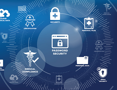 セキュリティと医療のアイコン。医療機関におけるデータセキュリティの懸念に関するコンセプト。