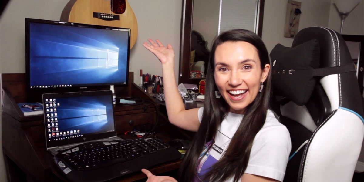 Trisha at her computer desk