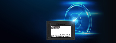 Kingston DC1500M SSD in front of a graphic of a glowing blue speedometer representing high speed