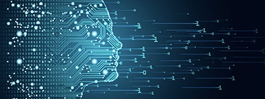 Profilo di un volto del'IA con una scheda a circuiti integrati e un flusso di dati in codice binario su sfondo blu