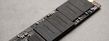 close up on the chips on a Kingston NVMe SSD