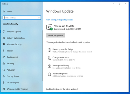 หน้าต่างอัพเดตของ Windows 10