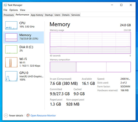 Windows 10 Task Manager’s Performance Tab, Memory section shows memory usage