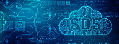Cloud outline graphic with SDS letters over an illustration of traces and chips of a circuit board