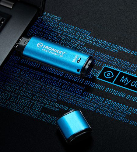 A Kingston IronKey Vault Privacy 50 USB drive plugged into a laptop. Blue binary characters & a display of the passphrase field with the phrase ‘My dog is 1 year old!’ are visible beneath the drive.