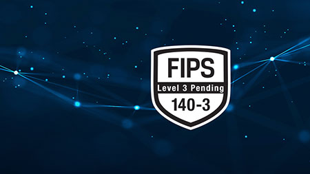 แผนผังสีน้ำเงินที่มีโลโก้ FIPS 140-3 Level 3 Pending วางซ้อนอยู่