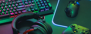 Gamer workspace, RGB keyboard, gamer headset, gaming mouse and RGB mouse pad, Xbox controller