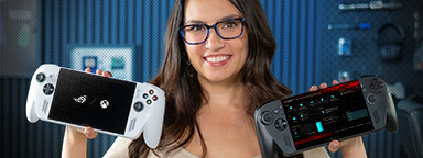 Trisha holding a ROG Xbox Ally and an Ally X