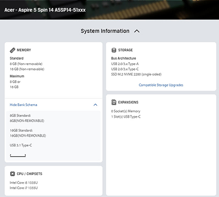 Screenshot der Ergebnisse des Konfigurators für einen Acer-Computer