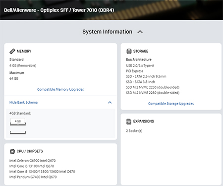 screenshot del Configuratore con i dati di un modello Dell