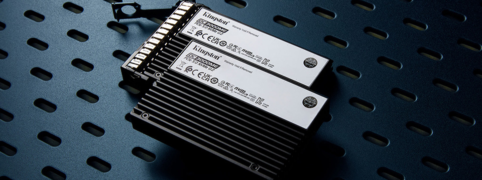 NVMe PCIe Gen5 pour l’IA : résumé des résultats de MLPerf Storage v2 sur le DC3000ME de Kingston Deux SSD Kingston DC3000ME U.2 posés sur un tableau noir.