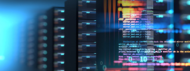 Soft focus on rows of server racks overlaid with colorful computer code (Foco suave em linhas de racks de servidores sobrepostos com códigos de computação coloridos)
