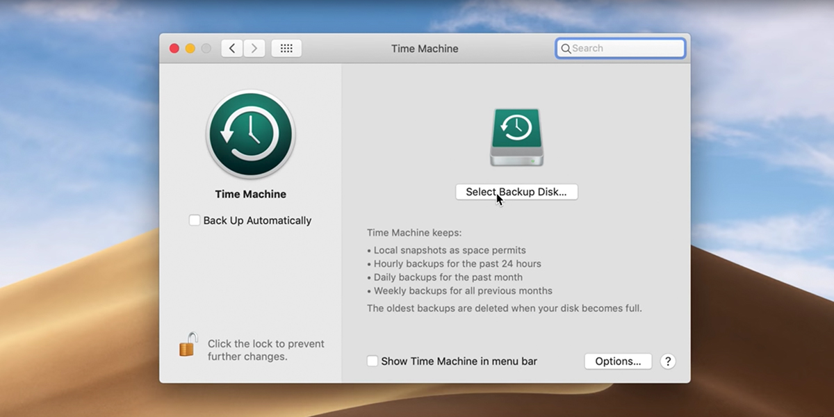 Снимок экрана с программой «Time Machine» MacOS