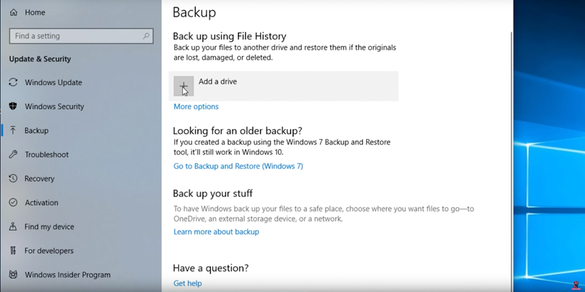 Screen shot of  Windows 10 File History