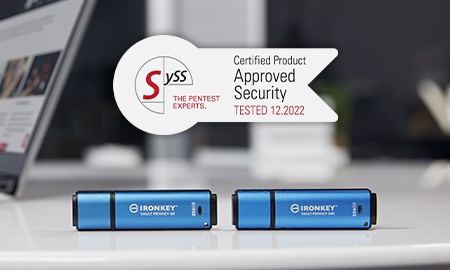 Kingston IronKey VP50 and VP50C on a desk with an Approved Security certificate from SySS GmbH logo