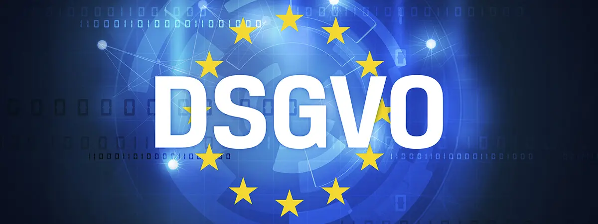 Ein DSGVO-Motiv mit EU-Sternen auf blauem digitalen Hintergrund, das Netzwerkverbindungen und Bin&auml;rcode zeigt