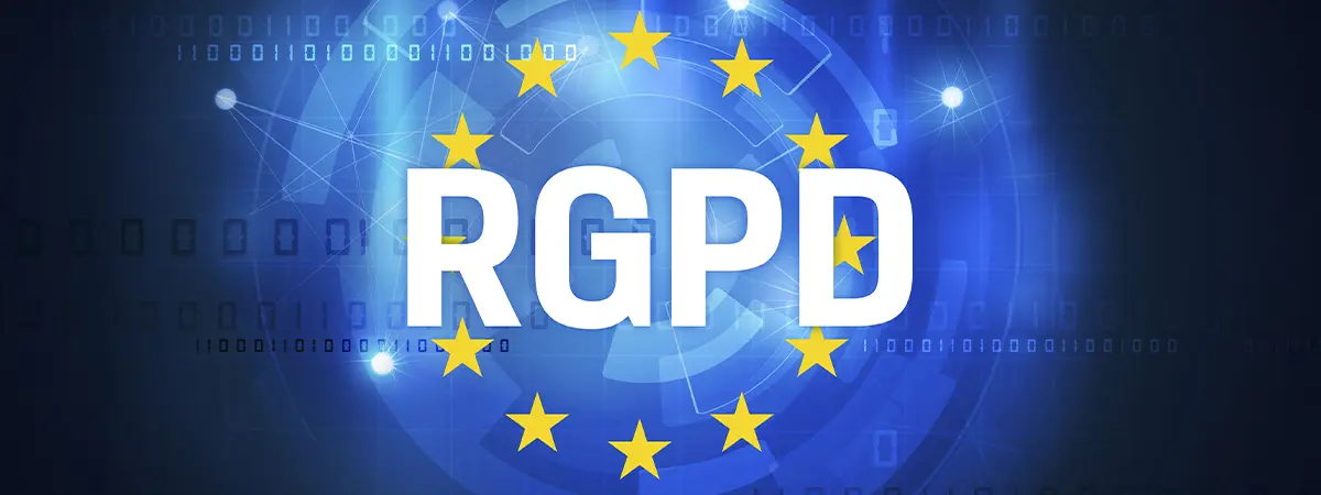 Concepto RGPD con estrellas de la bandera de la UE sobre un fondo digital azul con conexiones de red y c&oacute;digo binario