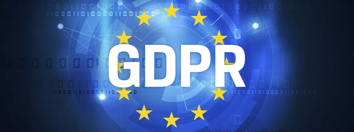 GDPR, Segurança Cibernética e Proteção de Dados Conceito da GDPR com as estrelas da bandeira da UE sobre um fundo digital azul com conexões de rede e código binário