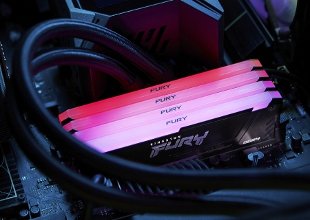 a close-up shot of Kingston FURY Beast DDR4 RGB memory installed in a motherboard PC