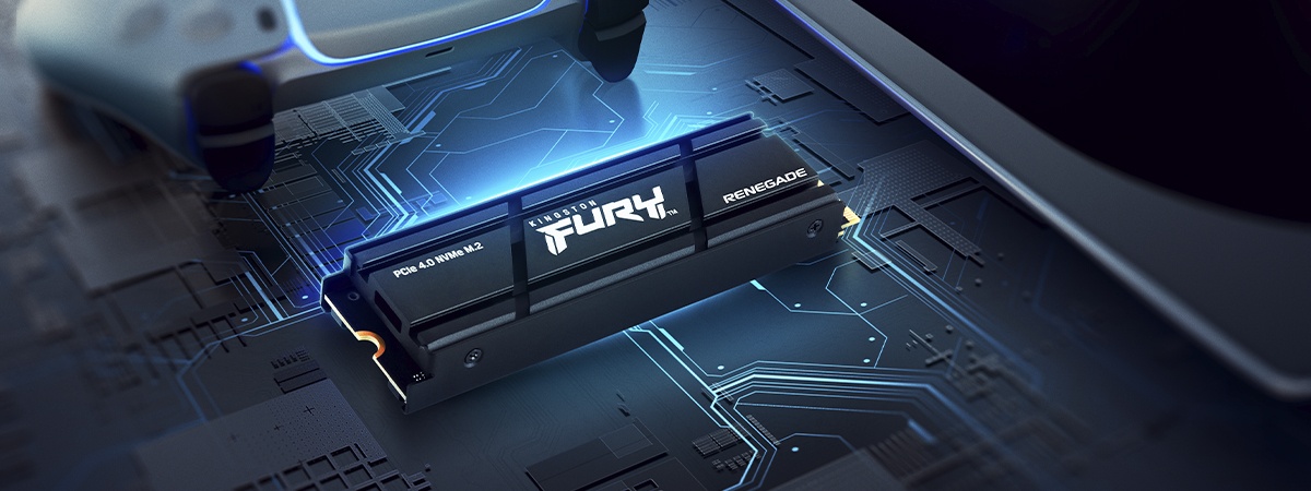 Kingston FURY Renegade SSD on a circuit board with cool blue lighting and a blurred game controller
