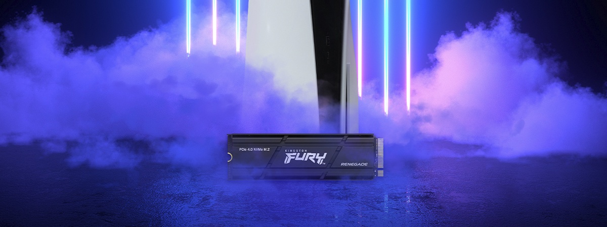 Renegade Heatsink SSD in front of a PS5 with neon side lights and a cooling mist effect