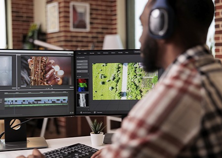Designer multimediale lavora al suo computer su un contenuto di produzione cinematografica utilizzando un software di editing video