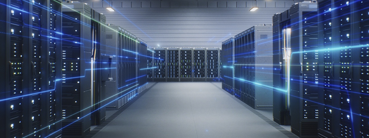 Blue light lines running across rows of servers in a data center aisle