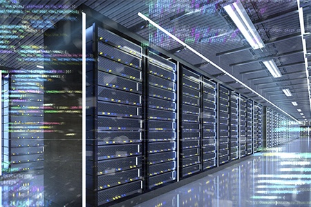 3D rendering of a server room in a data center