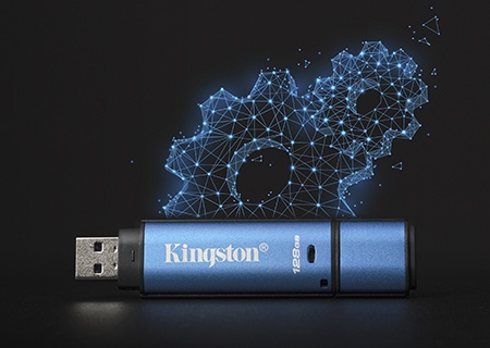 DataTraveler Vault Privacy 3.0 com uma ilustração azul de 2 engrenagens atrás dele e linhas de rede em um fundo preto