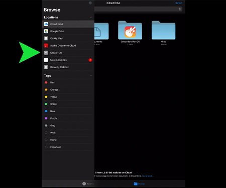 Screenshot of iPad Pro showing Files app’s Locations including Kingston USB flash drive