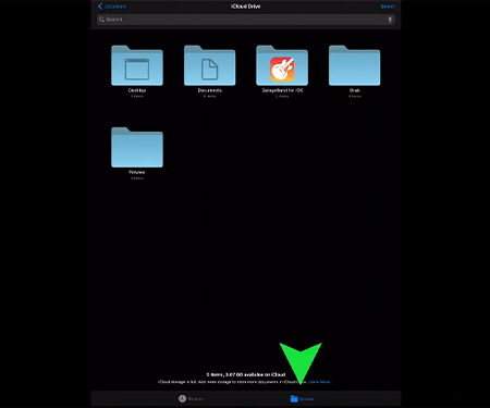 Bellek dizinlerini gösteren iPad Pro Dosyalar uygulamasının ekran görüntüsü